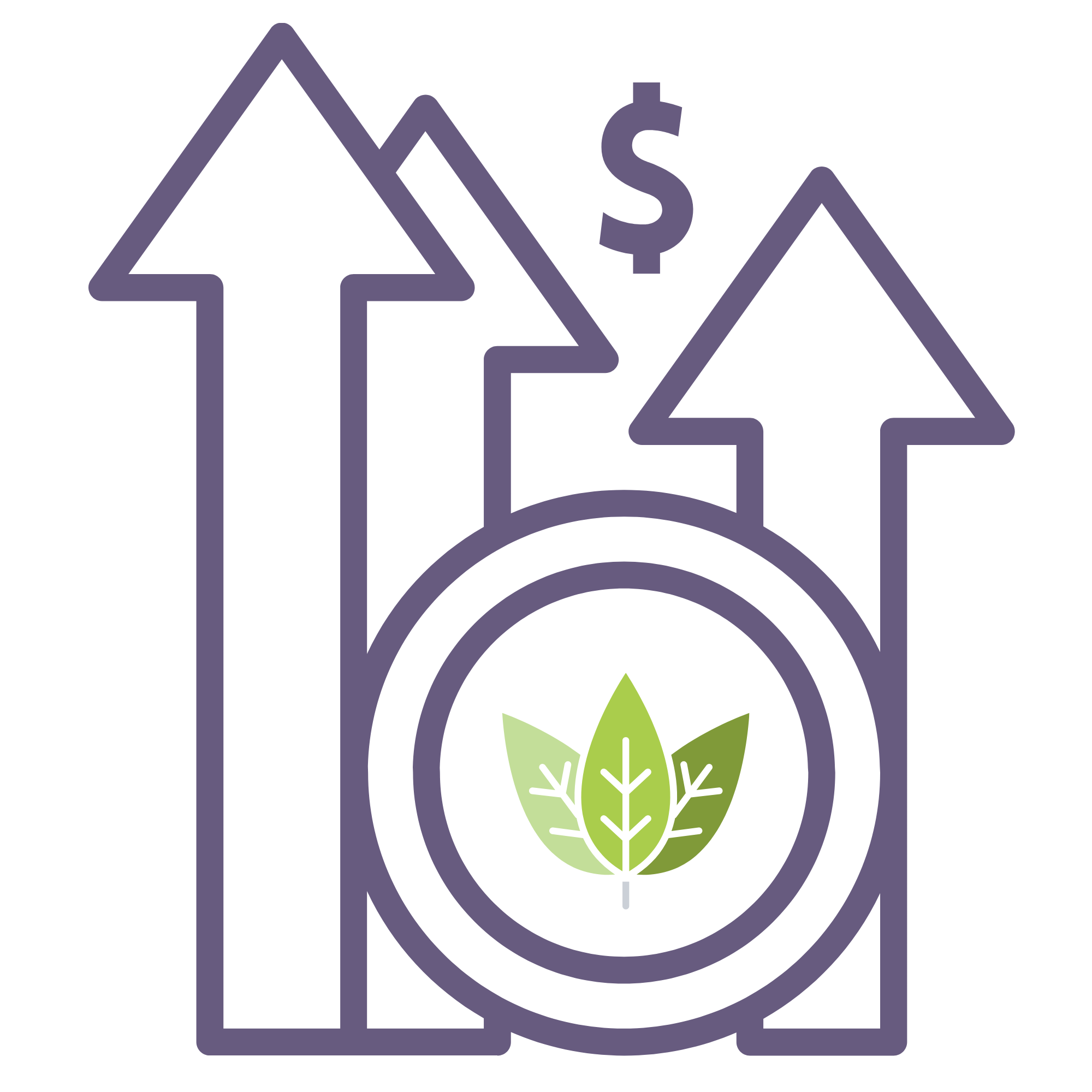 Illustration of upward arrows, a dollar sign, and a recycling symbol with leaves inside, representing eco-friendly financial growth.