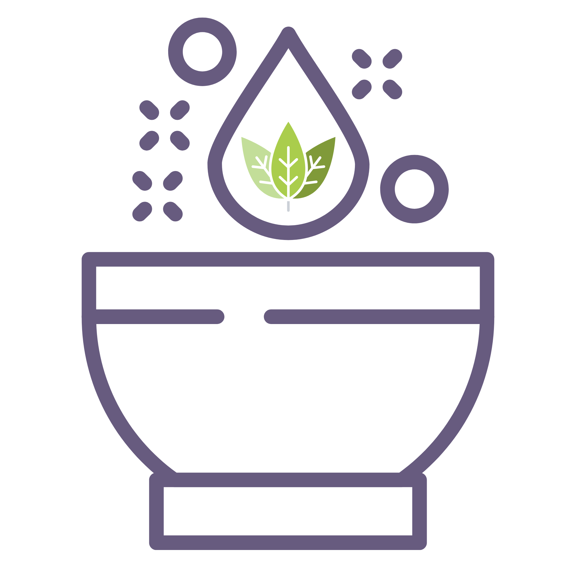 Illustration of a tea or herbal infusion with a leaf symbol inside a drop shape, surrounded by bubbles above a rounded bowl or cup.