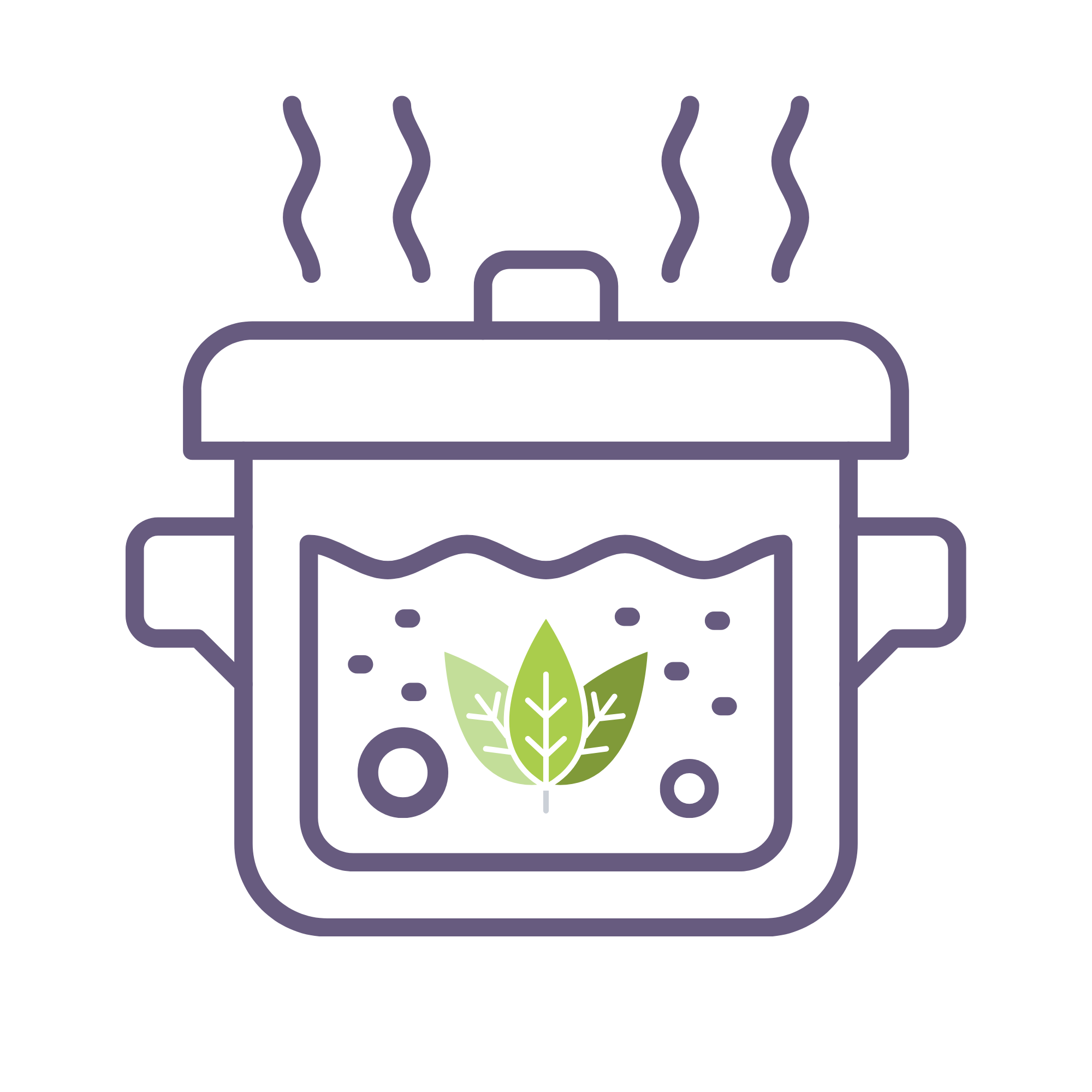 Line drawing of a slow cooker with steam rising, decorated with a green leaf graphic on the front.