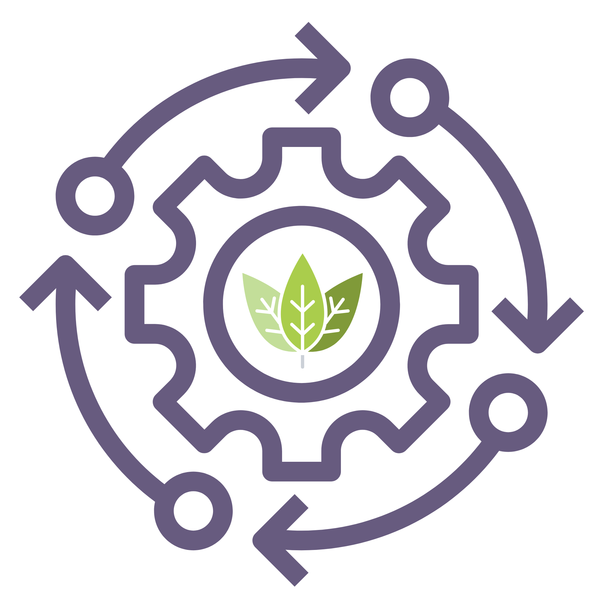 Icon representing sustainable environmental practices with a gear, arrows, and a green leaf in the center.