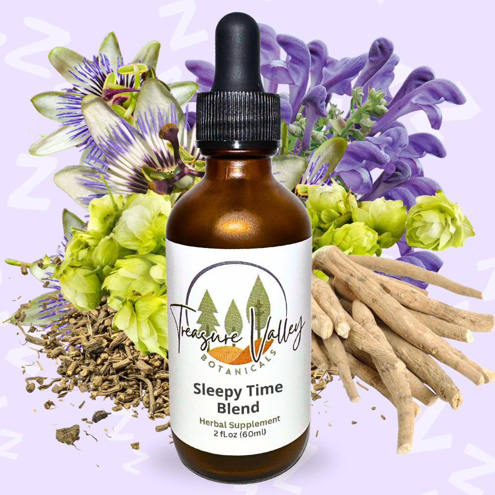 A bottle of herbal extract supplement labeled 'Sleepy Time Blend' in front of a background of purple and green flowers, roots, and herbs.