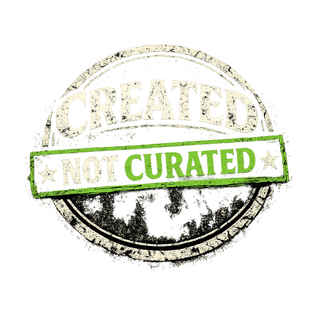 A round stamp design with the words 'CREATED NOT CURATED' in distressed white and green text, with a black background.