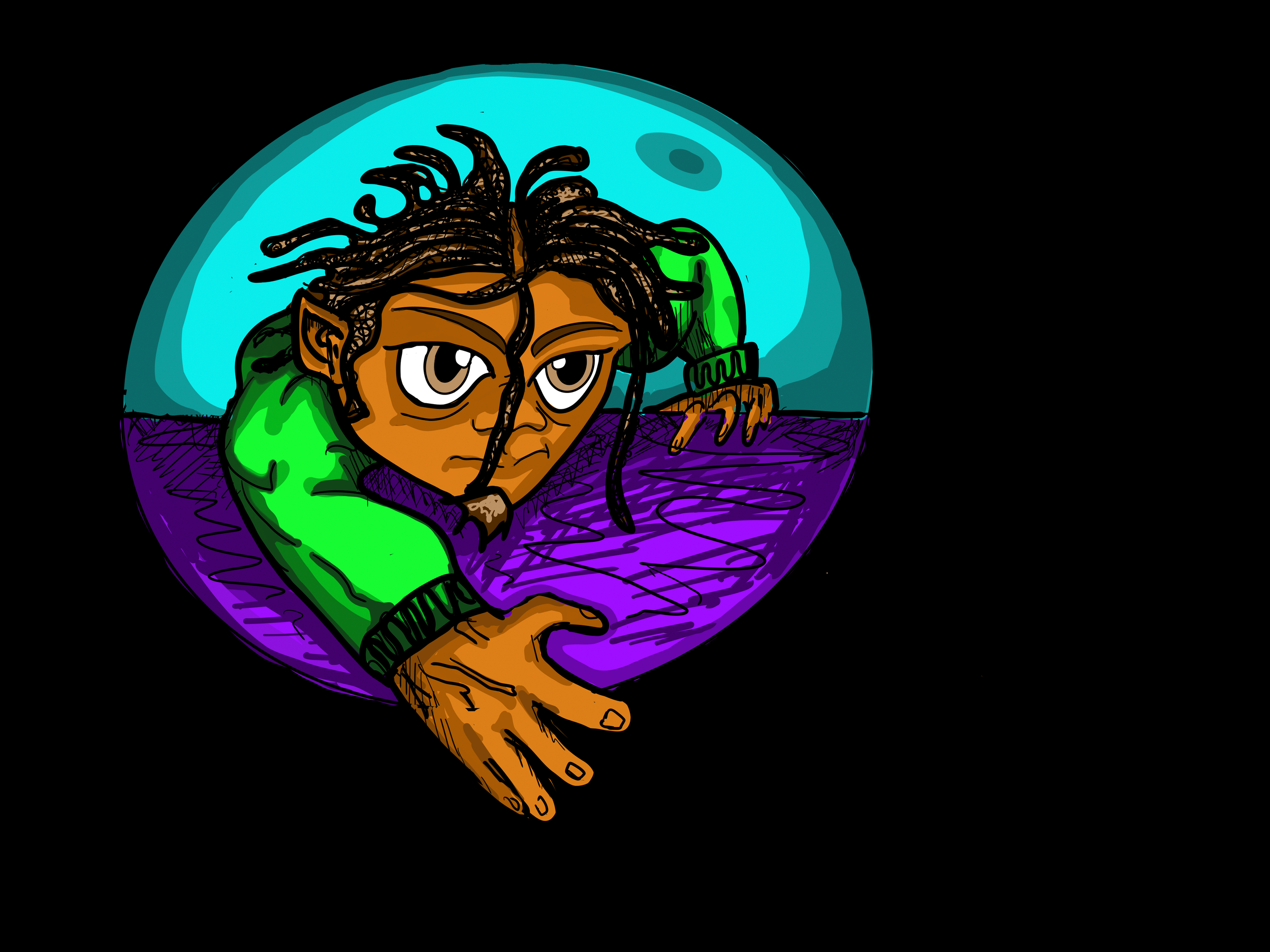 A cartoon drawing of a person with dark skin and curly hair, resting their face on their hand with a bored or tired expression. They are wearing a green shirt and are sitting on a purple surface with a blue circular background.