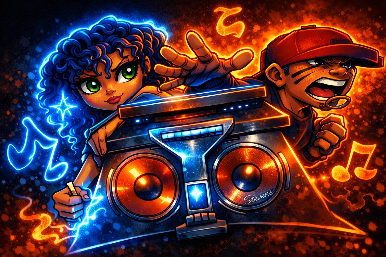 Two animated children, a girl with curly hair and a boy with a cap, are depicted with a colorful DJ setup, surrounded by bright music notes and vibrant glowing background in orange and blue.