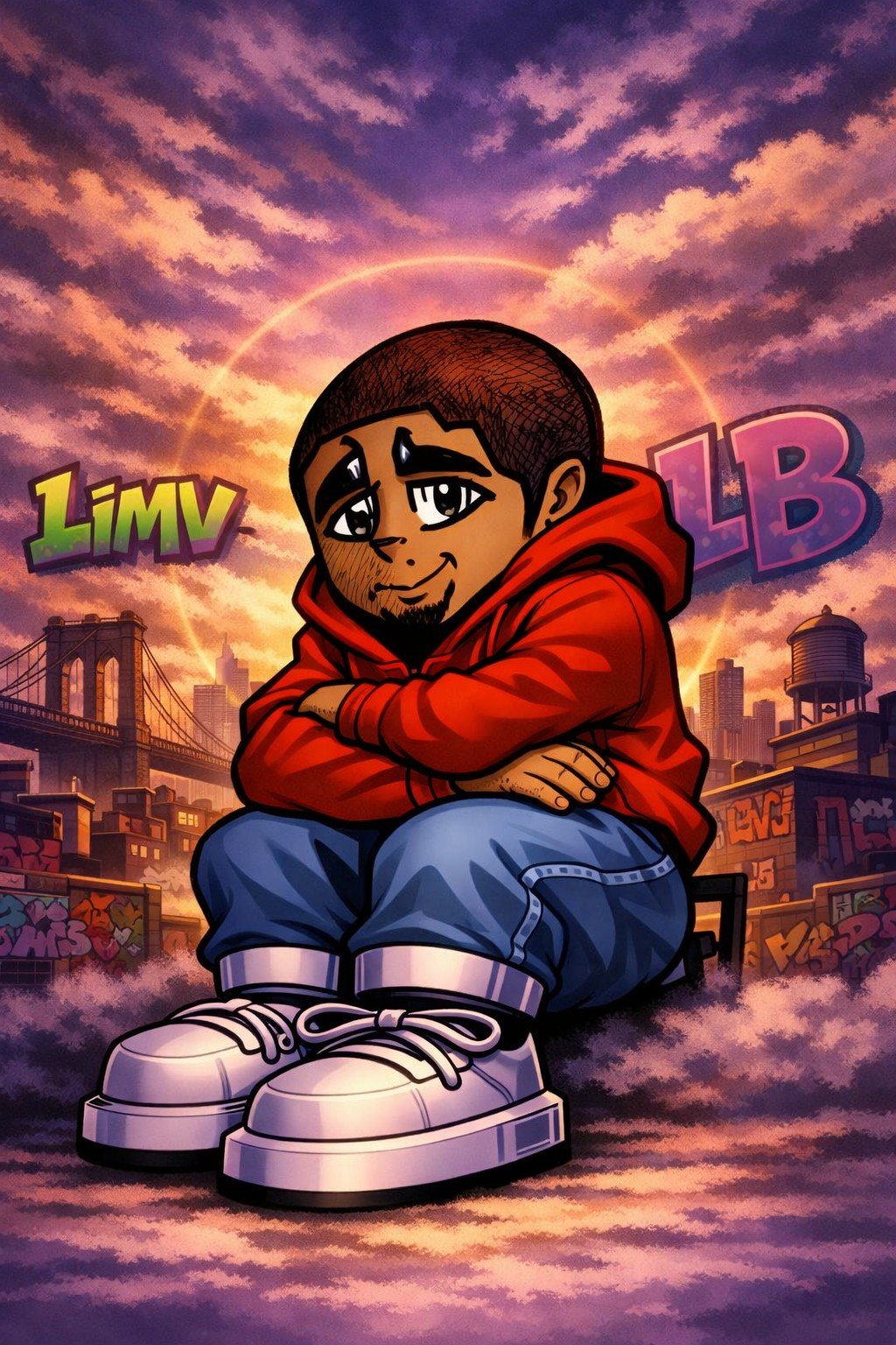 Digital illustration of a young man sitting cross-legged with arms crossed, wearing a red hoodie, blue jeans, and white sneakers, against a cityscape background at sunset with graffiti and colorful signs, including 'LMV' and 'LB'.