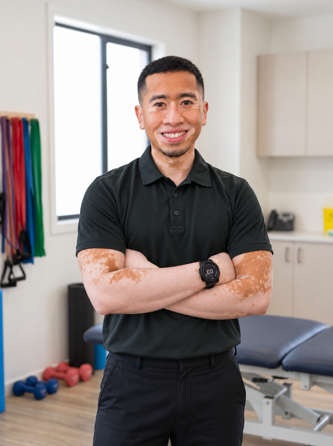 Kai Khairudin, physiotherapist at Obsidian Physiotherapy, smiling in a treatment room