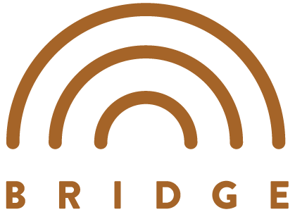 A stylized rainbow with three arcs in shades of brown, with the word 'BRIDGE' underneath.