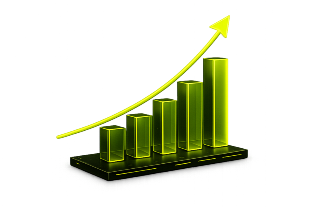 A 3D bar chart showing increasing data with five green bars rising from left to right, topped by a yellow upward arrow.