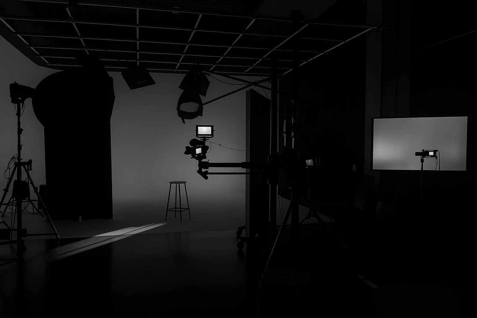 A dark film studio or video production set with camera equipment, lights, a stool, and a blank backdrop or screen.