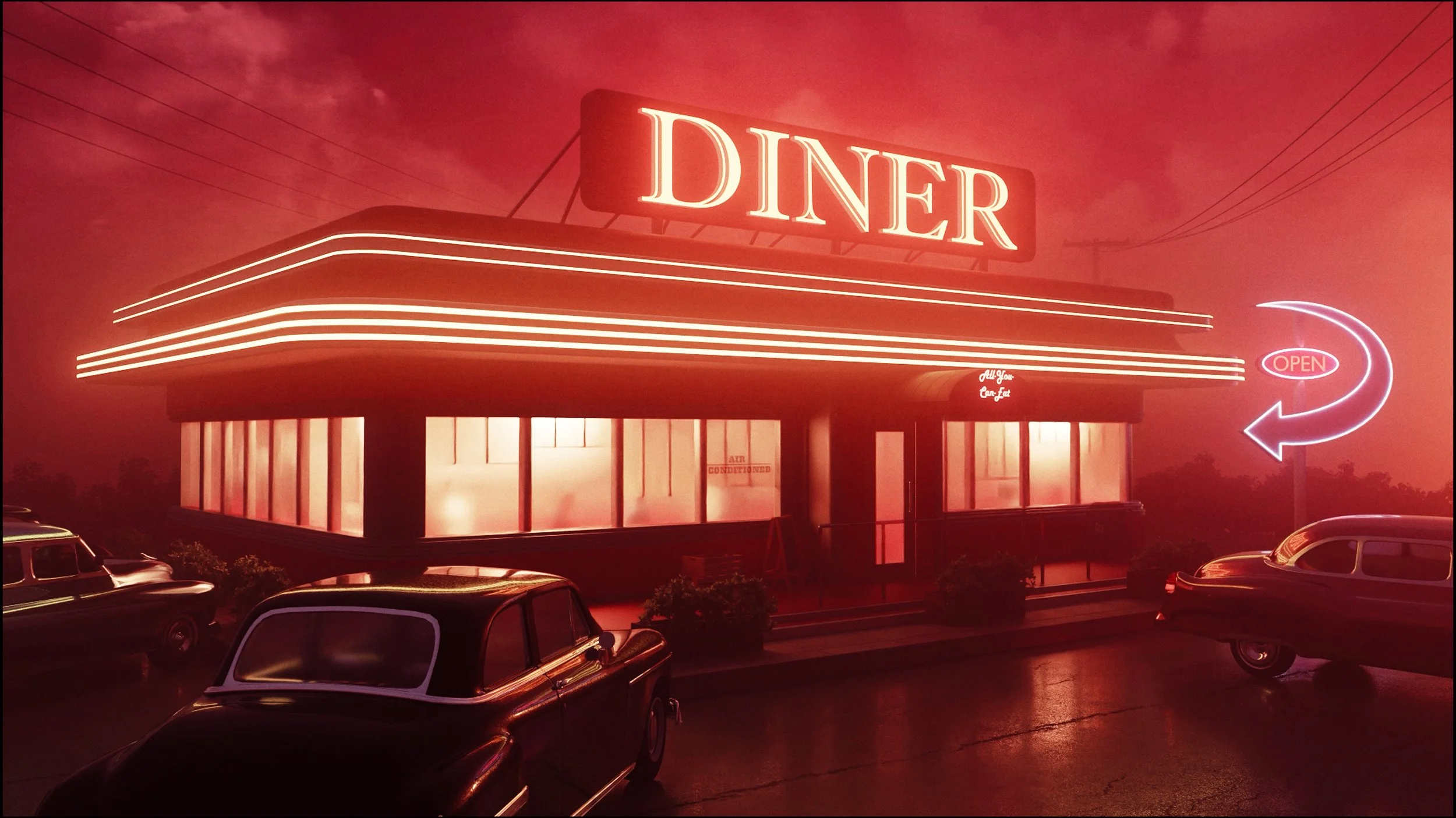 A vintage-style diner building illuminated with neon lights in a reddish glow, seven cars in front, and an illuminated sign with an arrow pointing to the right that says "OPEN."