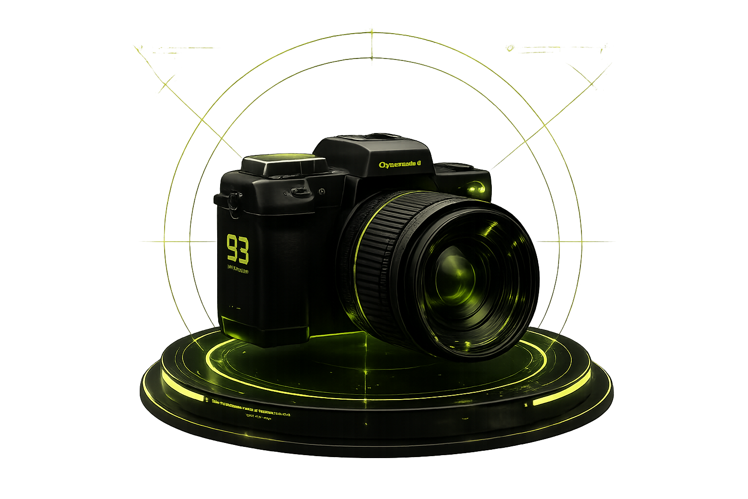 A black digital camera with glowing green accents and circular elements, displayed on a futuristic yellow holographic stand with matching circular designs and grid patterns in the background.