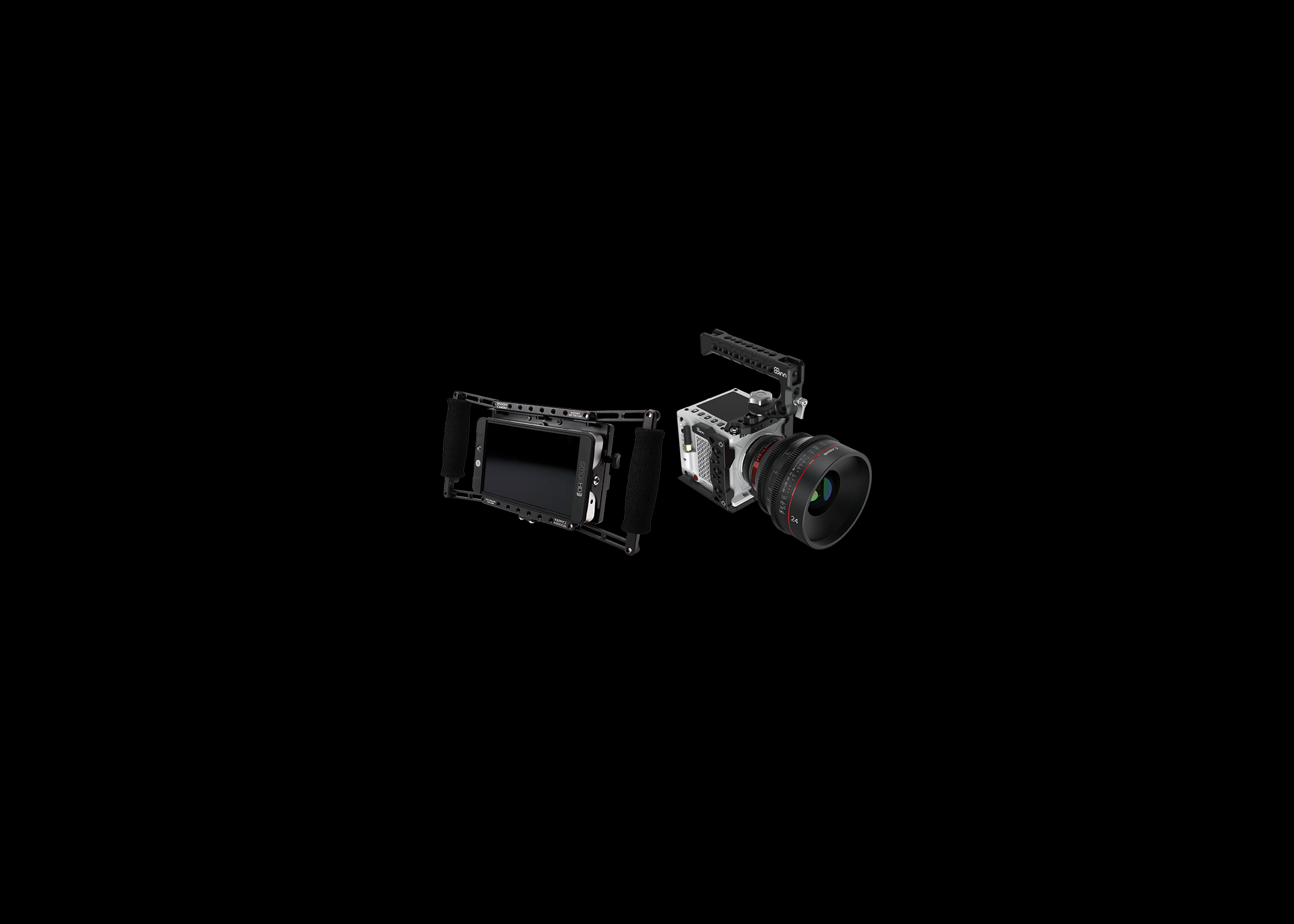 Camera rig with a camera and a monitor mounted on a black background.