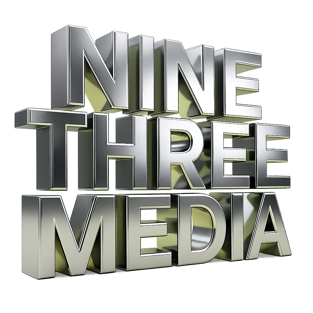 3D metallic text saying 'NINE THIRD MEDIA' stacked vertically with a reflective chrome finish.