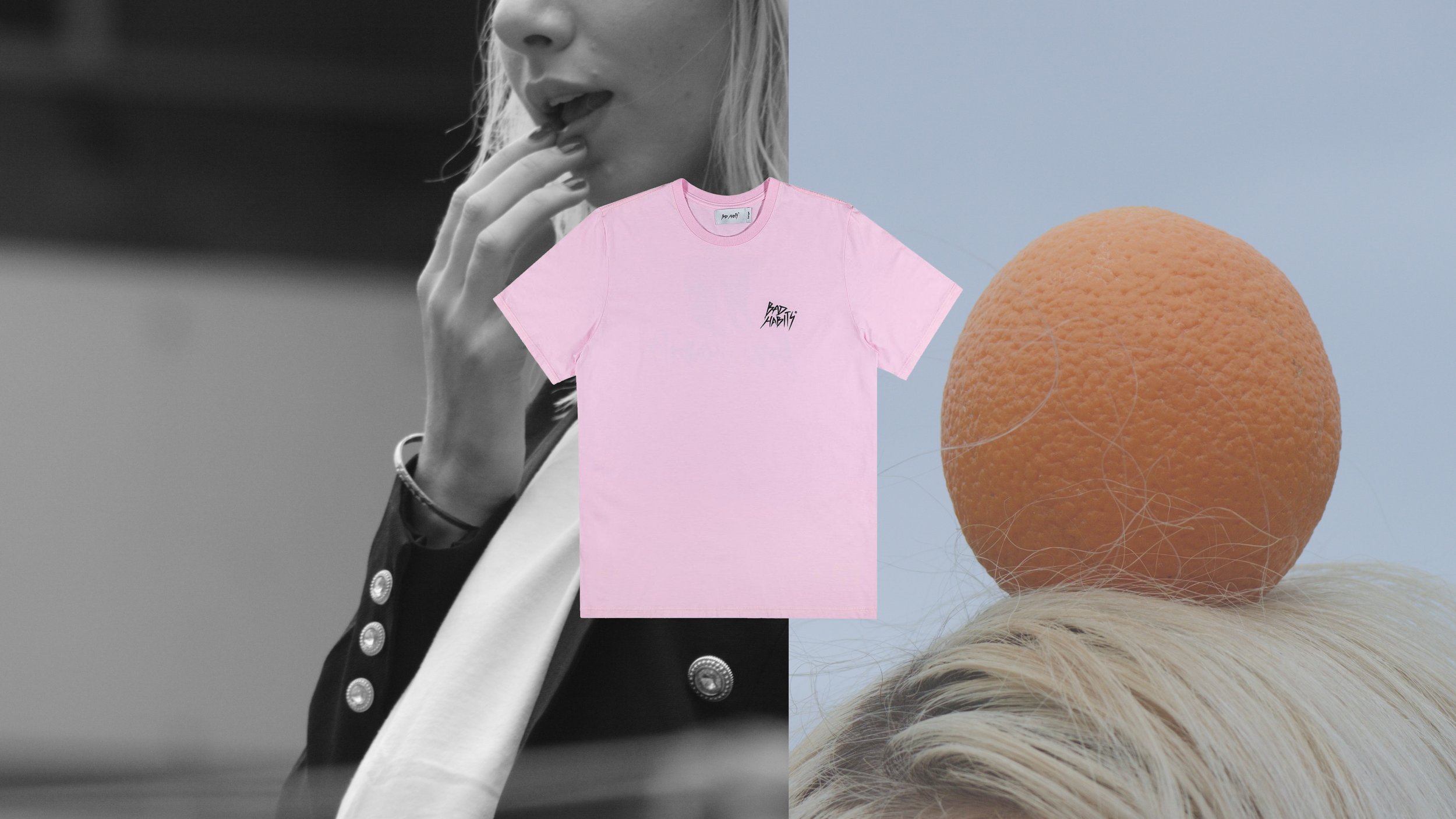A composite collage featuring a woman with blonde hair and light skin, biting her fingernail, a pink T-shirt with black text 'BAD HABITS,' and an orange ball with string hair on a light-colored furry surface.