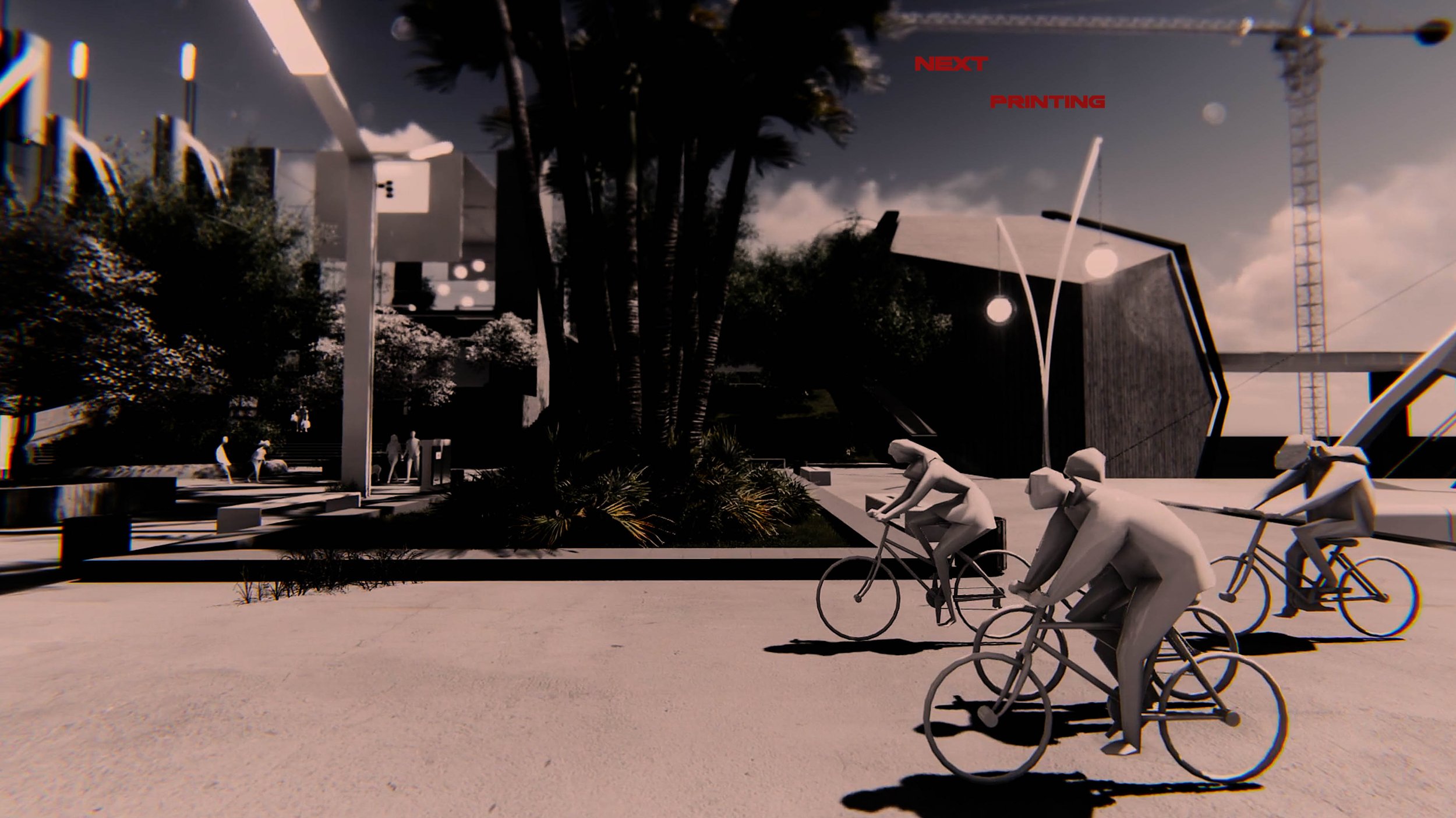 Digital rendering of an outdoor urban space with modern architecture, trees, benches, and four people riding bicycles in the foreground. The sky is partly cloudy, with a tall crane or tower in the background. Red text saying 'NEXT PRINTING' is visible in the sky.