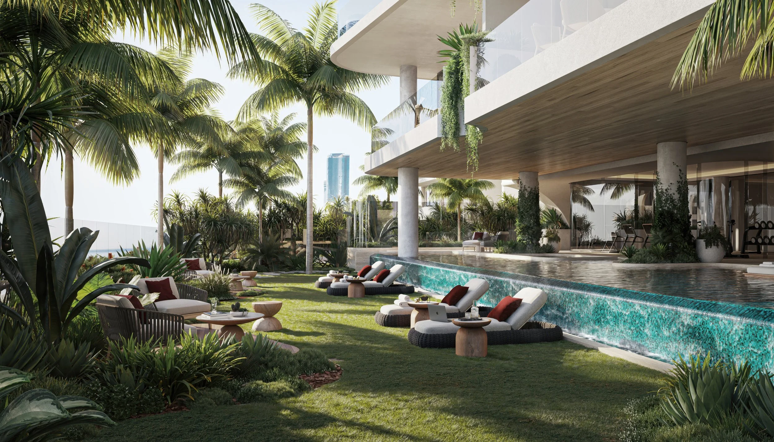 Luxury modern outdoor space featuring a swimming pool with lounge chairs, sun umbrellas, lush greenery, palm trees, and a contemporary building with multiple balconies.