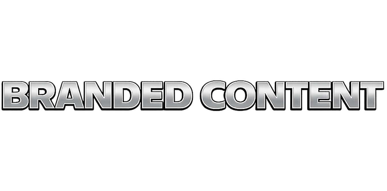 The text 'BRANDED CONTENT' in bold, metallic-style font over a dark, blurred background.