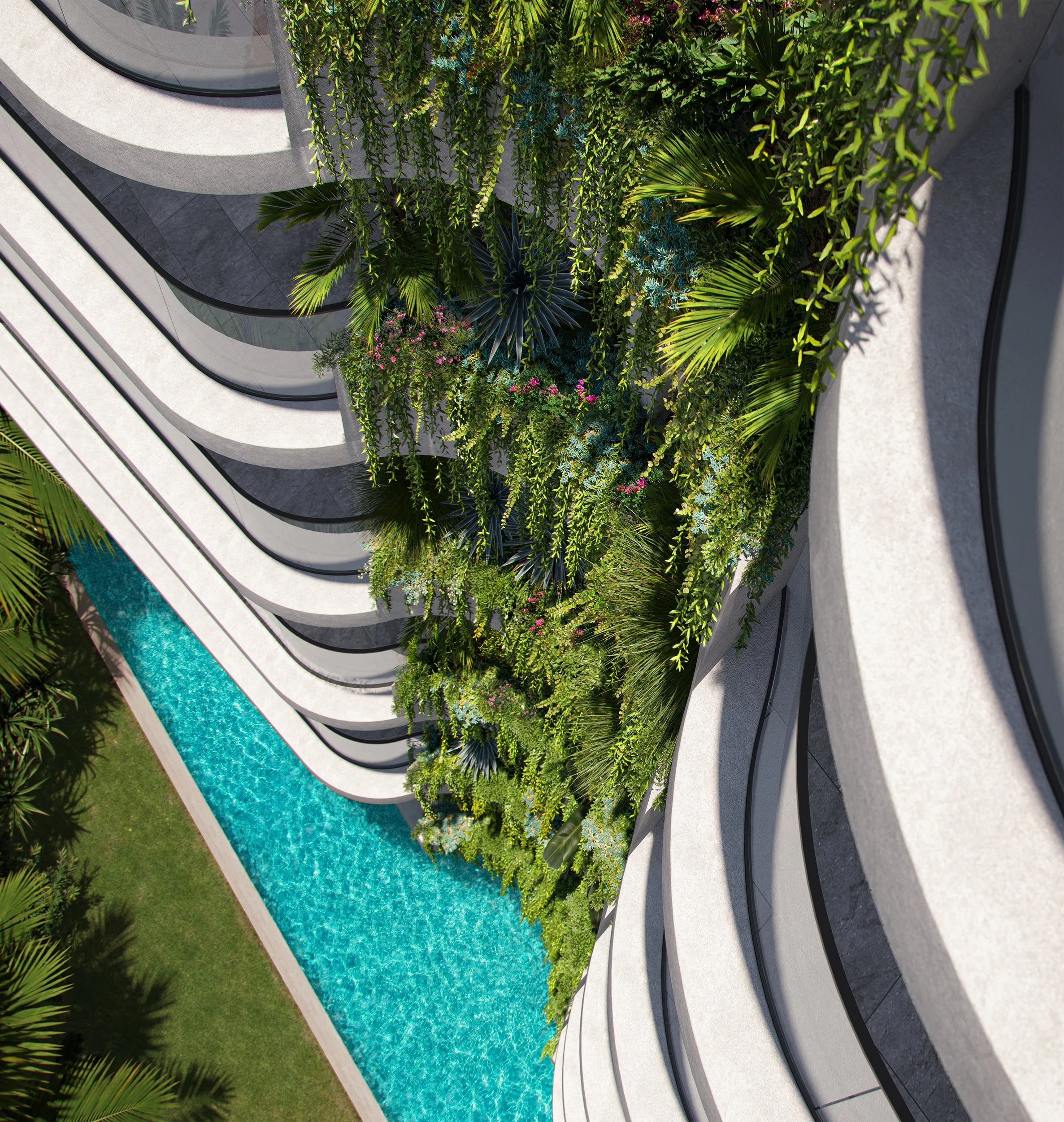 A modern outdoor space featuring a swimming pool with curved steps, lush green plants, and a multi-level concrete structure with glass railings.