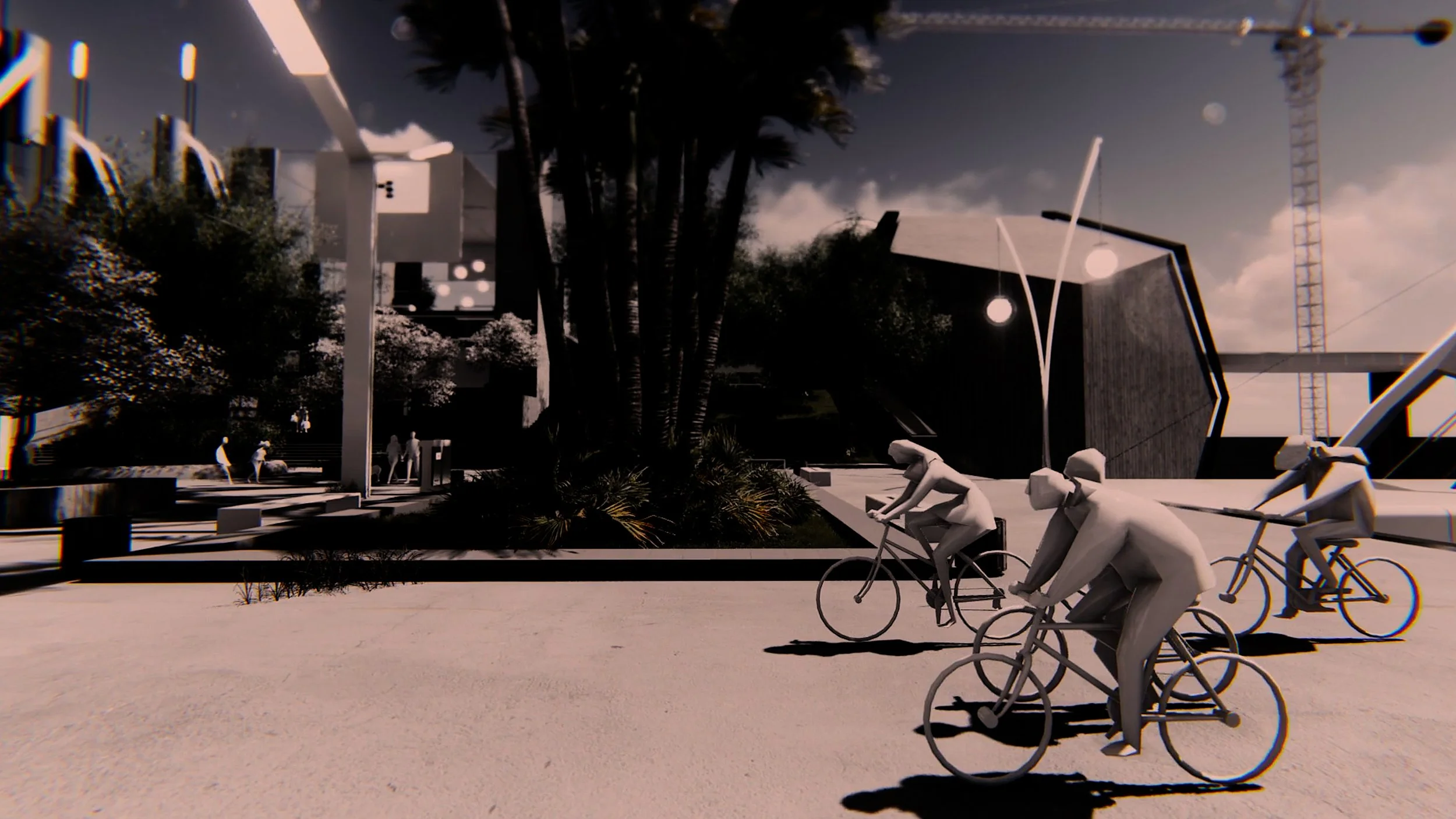 Modern urban park with abstract sculptures, trees, and people riding bicycles.