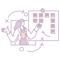Illustration of a person in business attire holding a smartphone, with icons representing data analysis, charts, and digital tasks.