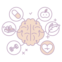 A brain surrounded by icons representing health and wellness, including a gym treadmill, cherries, a heart with a heart rate line, a dumbbell, a glowing star, cherries, and a fitness tracker.
