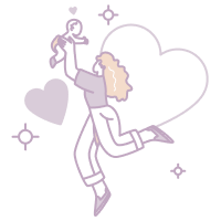 Line drawing of a person with curly hair sitting on a laptop, holding a smartphone, surrounded by hearts and stars, with a larger heart in the background.