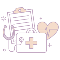 Medical items including a clipboard, stethoscope, first aid kit, and an electrocardiogram heart symbol.