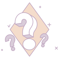 A question mark inside a square with smaller question marks and decorative elements around it.