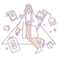 Illustration of a woman surrounded by various office supplies and gadgets, including a notebook, laptop, phone, and coffee cup.