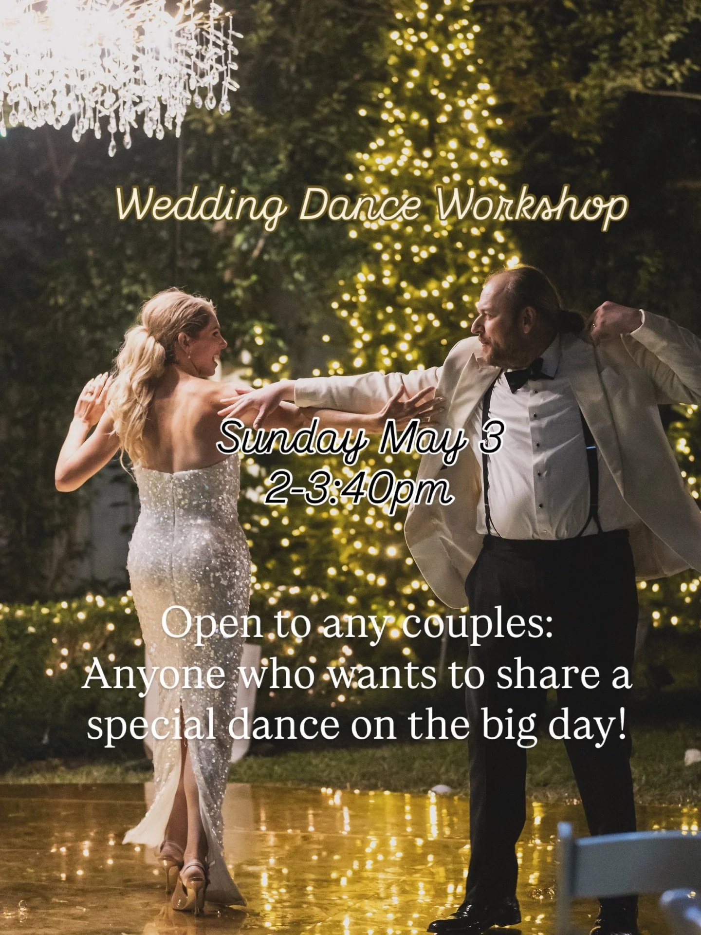 Signup for Sunday May 3! Join Helle for this fun, relaxed 100-minute workshop designed to give wedding couples a real feel for dancing and the confidence to step onto the dance floor with a smile.

Held monthly, this workshop walks you through the es
