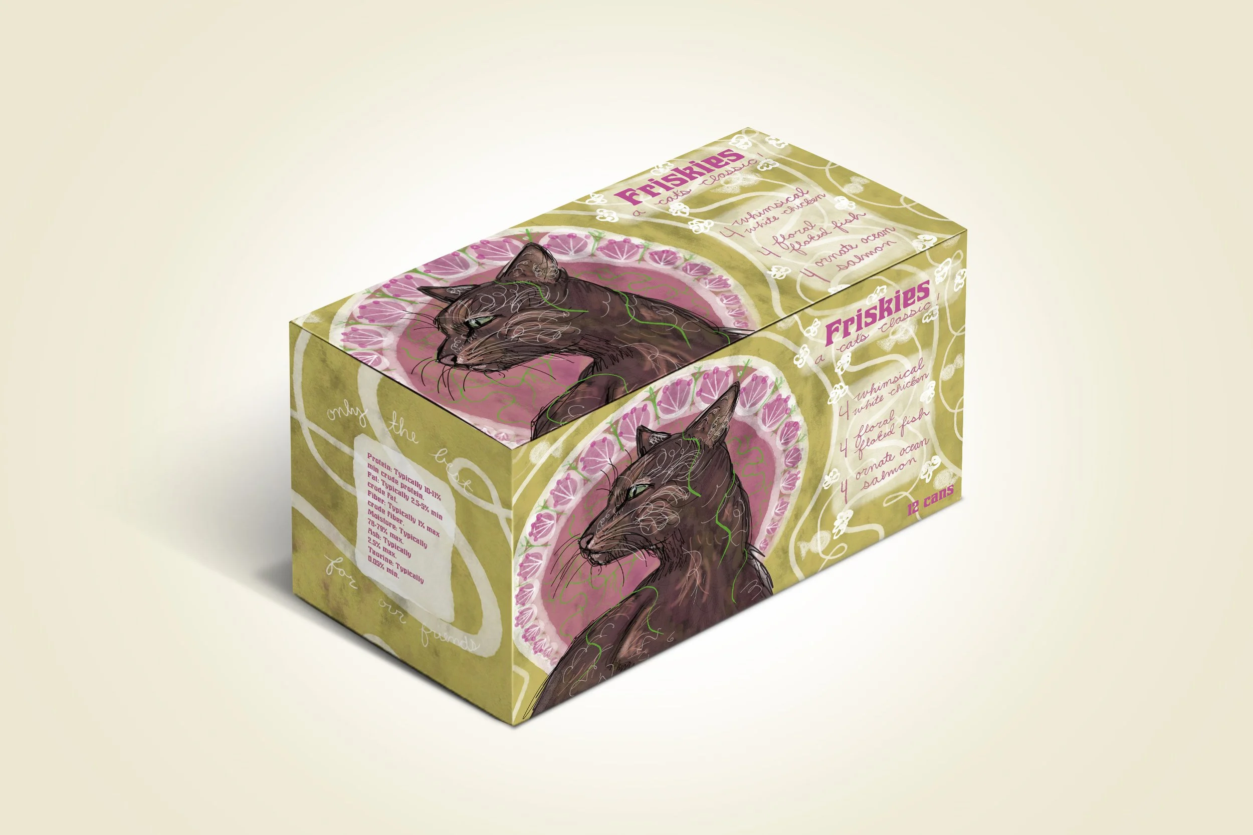 Prompt: Redesign a brand's packaging in an art style from design history. (Friskies, Art Nouveau)