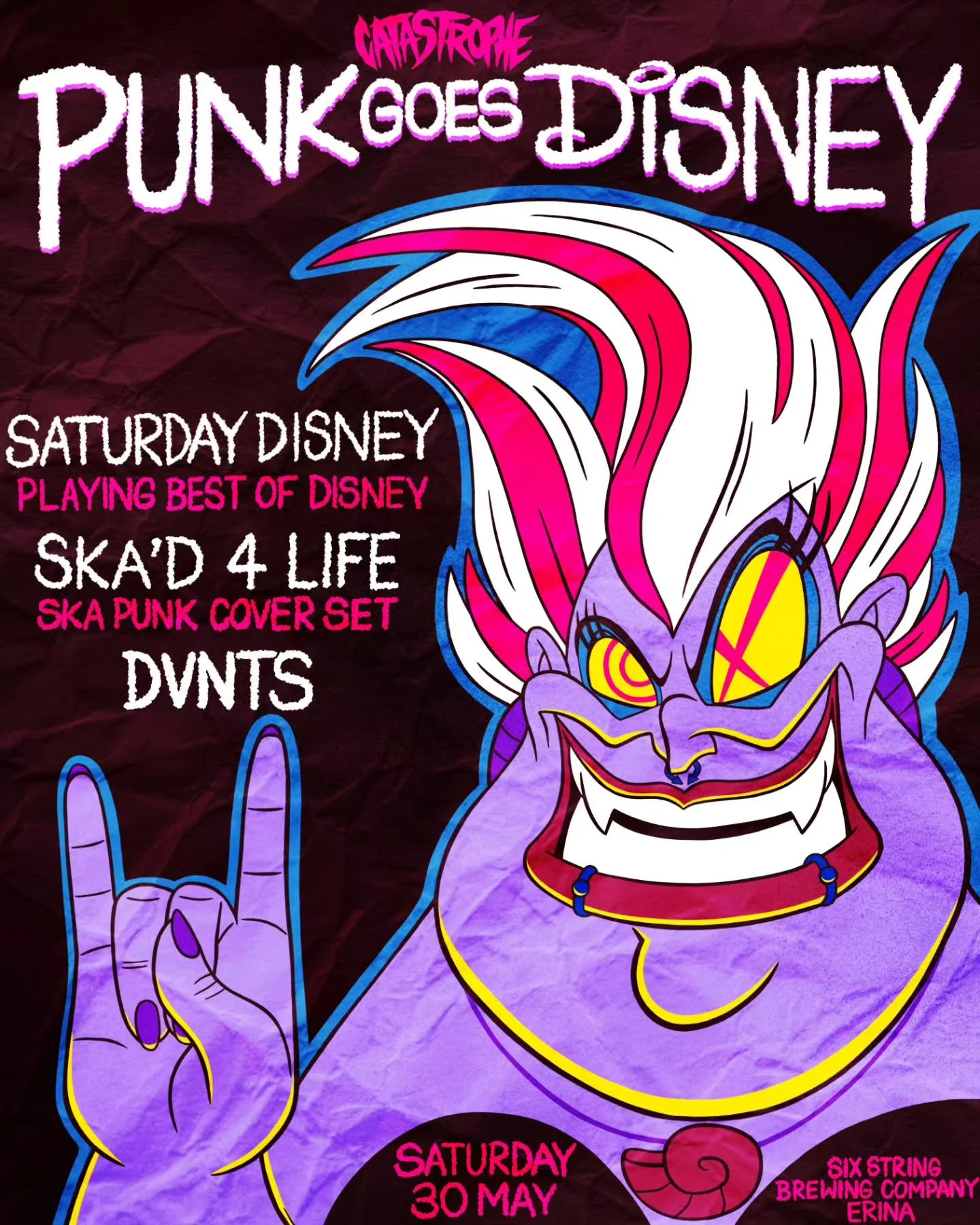 ✨️ PUNK GOES DISNEY ✨️
Saturday 30 May 
*VENUE CHANGE to Six String Brewing Company, Erina*

All tickets purchased for Drifters&nbsp;Wharf are valid for the new location 🎫 

Punk and Metal versions of your favourite Disney songs performed live on th