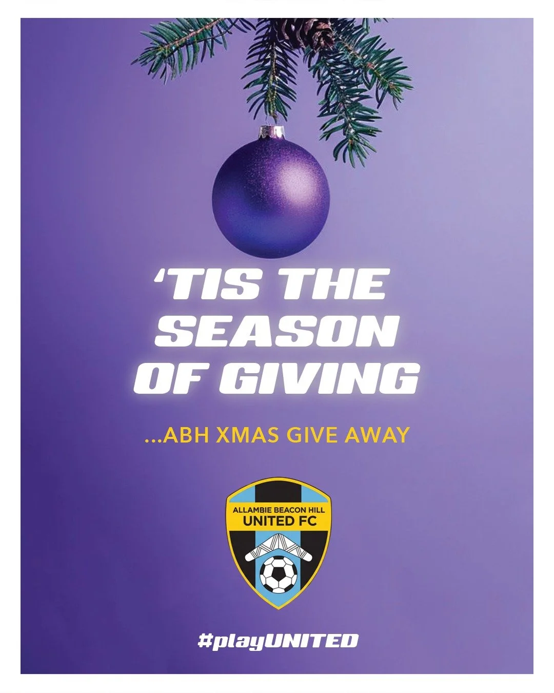 🎄 ABH UNITED CHRISTMAS GIVEAWAY 🎄

This Christmas, we&rsquo;re giving back to our players, families and wider ABH community ⚽️🎁

Your chance to win 1 of 3 x ABH prize packs, each valued at up to $150 each, including:
- ABH Club Jacket
- ABH Gear B