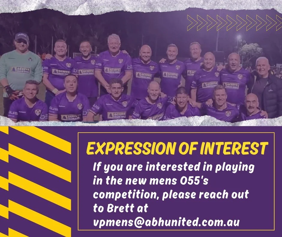 In 2026 there is a new Men's O55's competition being launched. 

ABH United FC are currently taking expressions of interest for players wishing to join the new comp.

Please reach out to Brett at vpmens@abhunited.com.au

#PlayUNITED