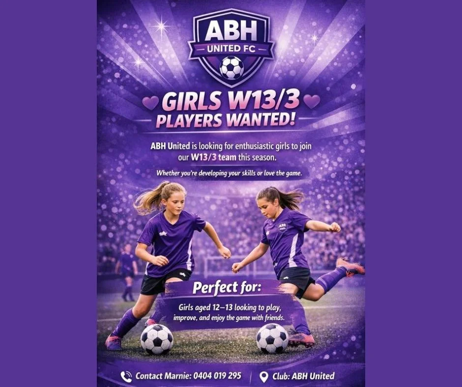 ⚽Have you got a 12/13 year old daughter who is interested in playing soccer this season?⚽

Reach out to Marnie by calling or texting 0404 019 295 for more information.

#PlayUNITED 🖤💜