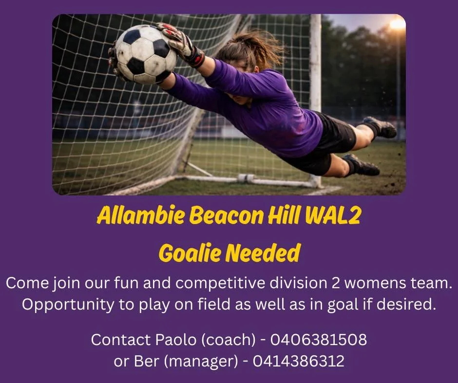 Our Women&rsquo;s AL2s team are seeking a full-time or part-time goalie to complete our 2026 squad. 
If you are after a competitive team who are welcoming and social, this is the perfect team for you. 
Games are at 1pm or 3pm Sundays and training is 