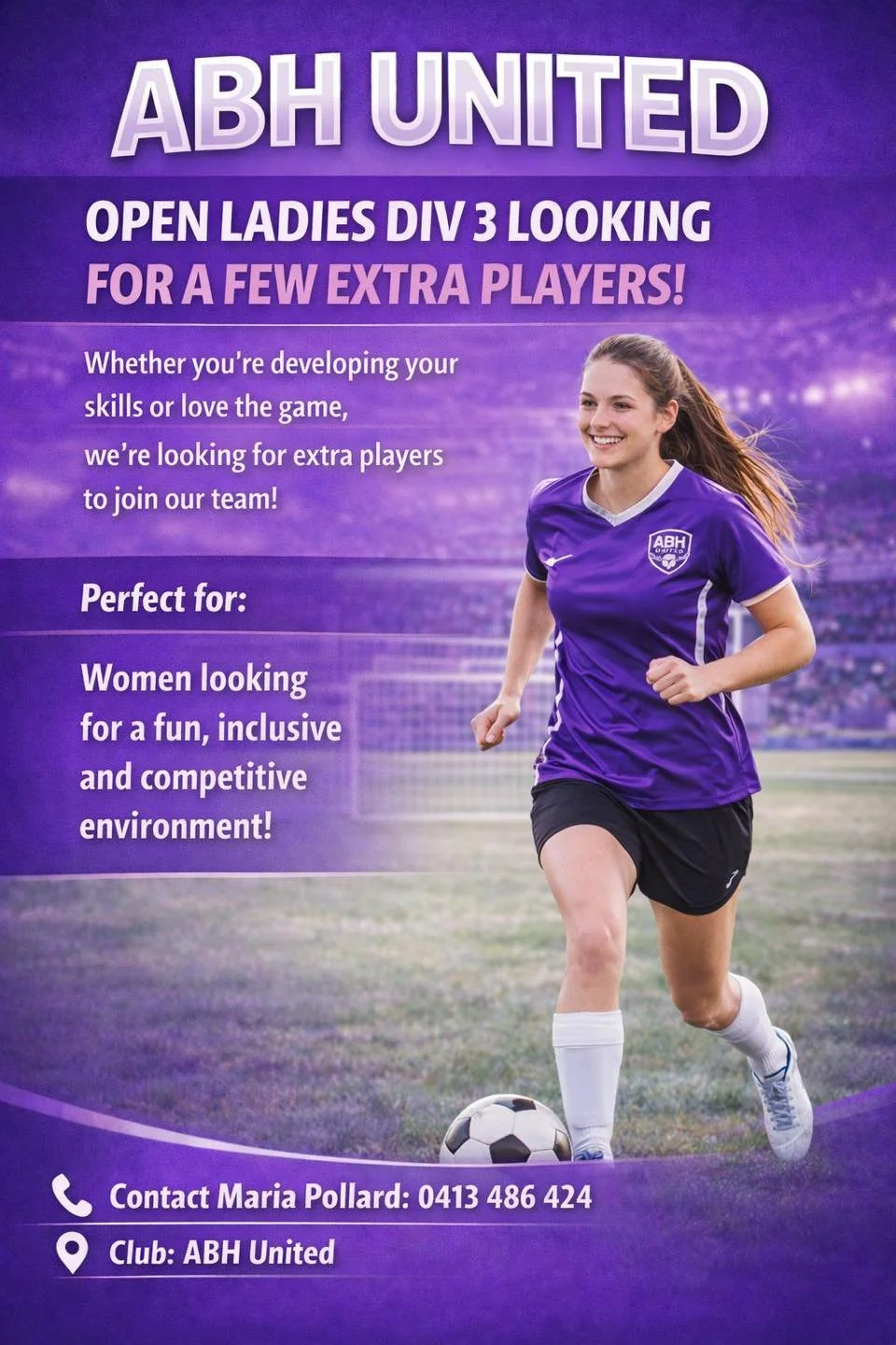 ABH United&rsquo;s Open Women&rsquo;s Division 3 team is looking for some extra players. 

If you&rsquo;re interested, please reach out to Maria on 0413 486 424.

#PlayUNITED 🖤💜
