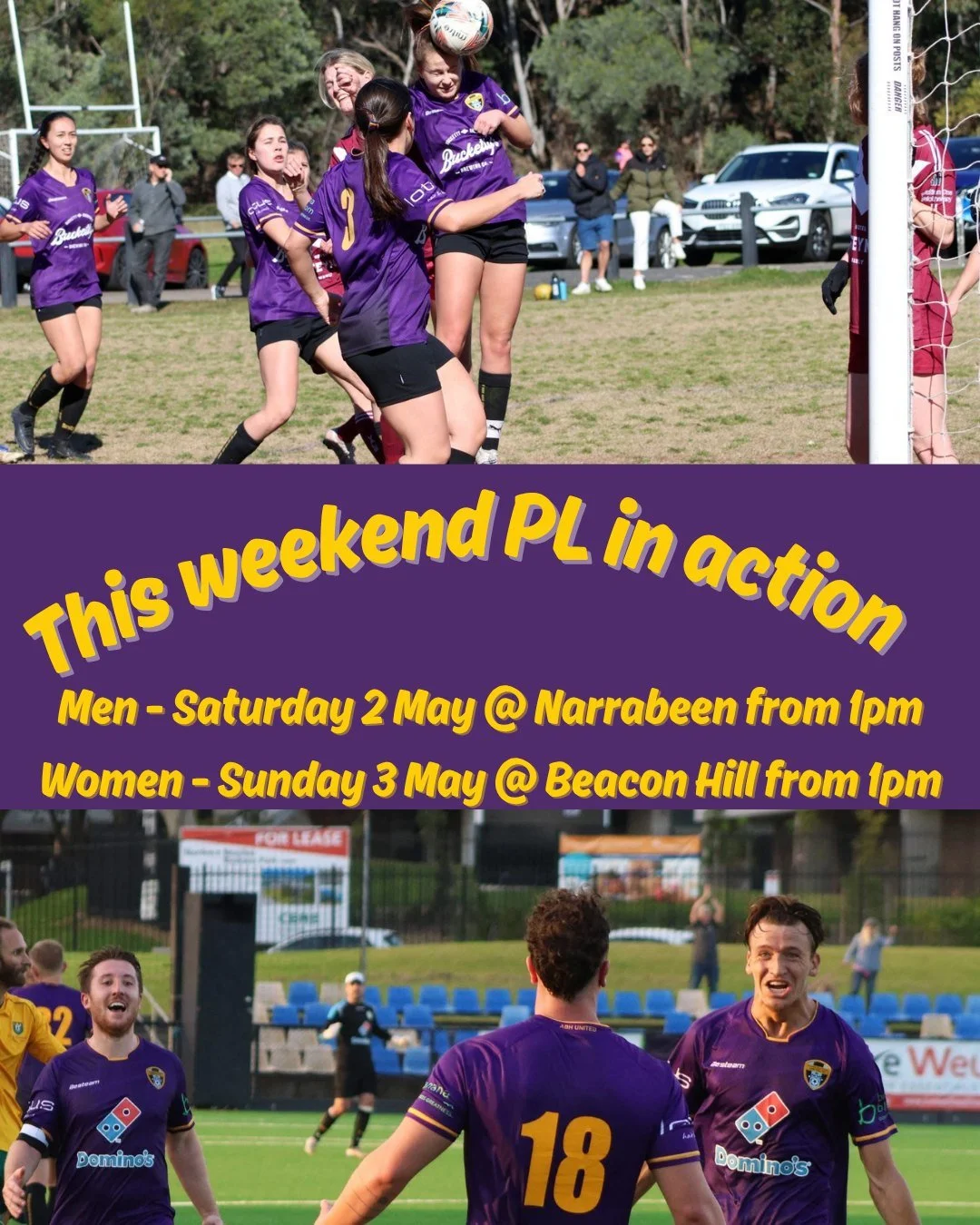 After some big weekends already, ABH United's Men's and Women's Premier League teams both take on Narrabeen this weekend! 👊🔥

📅Mens - Saturday
📍Narrabeen High
⏰1pm &amp; 3pm kick offs

📅Womens - Sunday
📍Beacon Hill
⏰1pm &amp; 3pm kick offs

Com