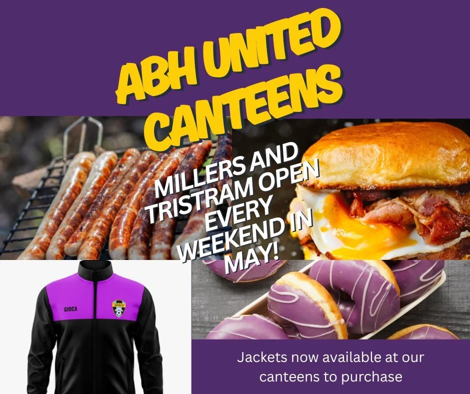 ABH United canteens at Millers &amp; Tristram are OPEN every weekend in May! 🙌

Swing by and grab a bacon &amp; egg roll, a sweet treat, or even pick up some fresh club gear 🧥🔥

Free macaroon for mum with every hot drink purchase this weekend! 🥠
