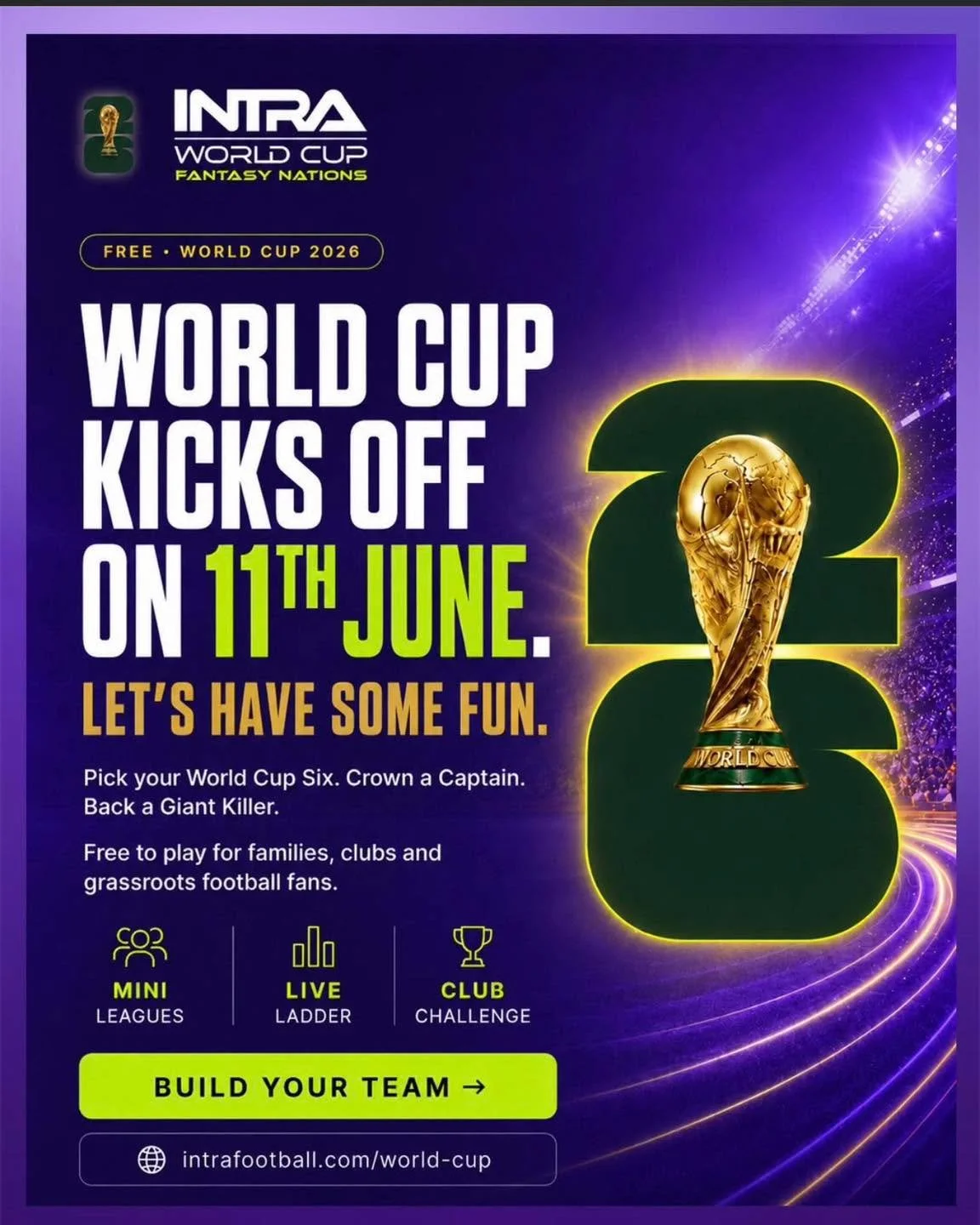 THE WORLD CUP IS ALMOST HERE ⚽

To celebrate the biggest football tournament on earth, our friends at INTRA Football have launched a free and family-friendly World Cup fantasy competition.

Better still, ABH United members can compete in the Club Cha