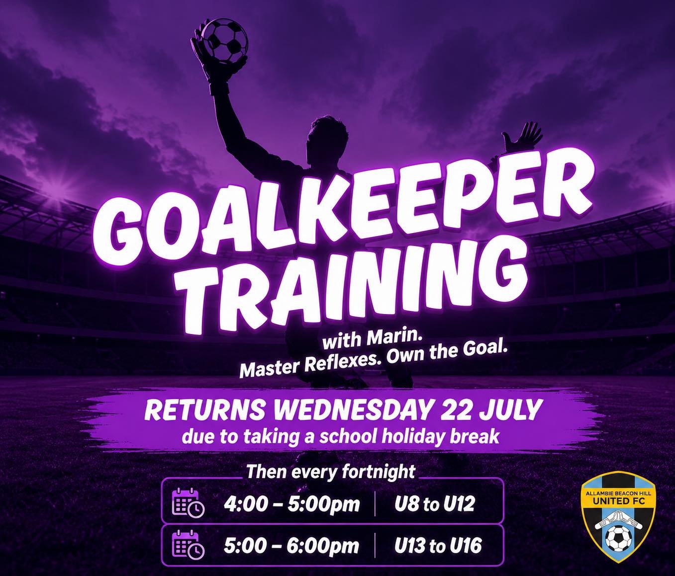 🧤 GOALKEEPER TRAINING ON HOLIDAY BREAK ⚽

After a well-earned school holiday break, our Goalkeeper Training sessions with Marin will return on Wednesday 22 July at Millers!

Whether you&rsquo;re looking to sharpen your reflexes, improve your techniq