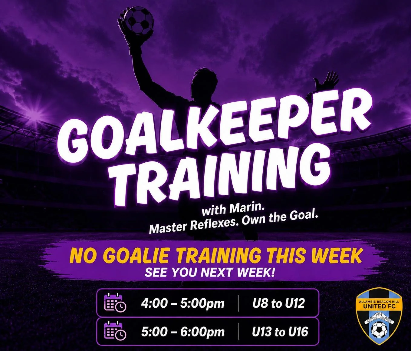 🧤 GOALKEEPER TRAINING UPDATE ⚽

Unfortunately, due to Marin being unwell, this week&rsquo;s Goalkeeper Training session has been postponed.

The session will now take place next Wednesday at Beacon Hill and will be our final goalkeeper training sess