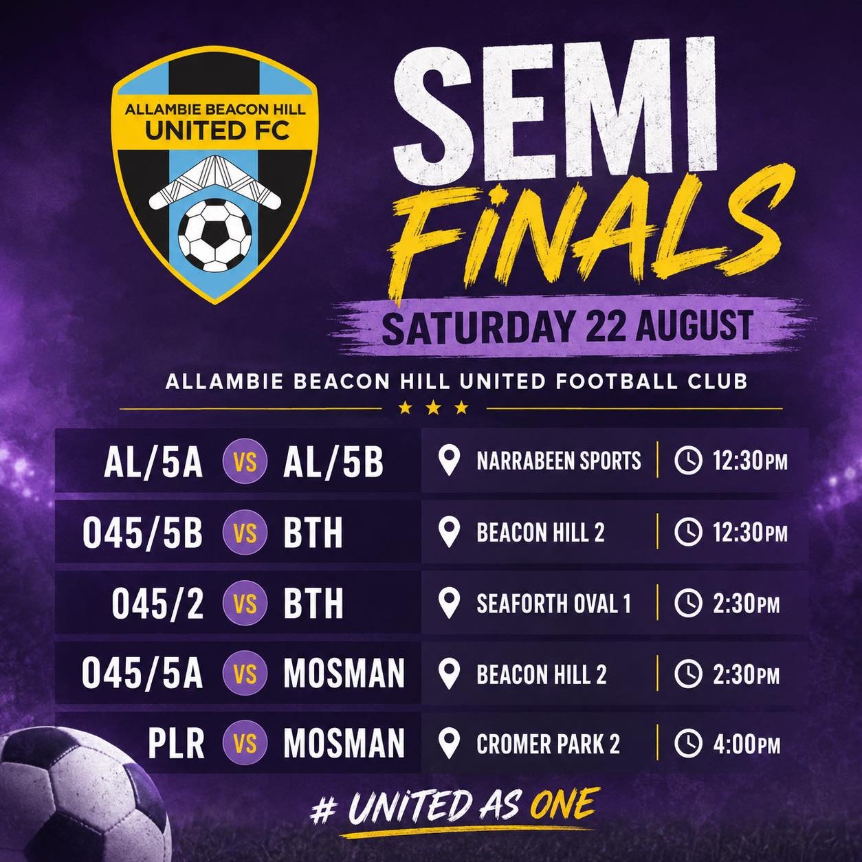 🔥 SEMI FINALS | SATURDAY 22 AUGUST 🔥

It&rsquo;s a massive day for Allambie Beacon Hill United FC with five senior men&rsquo;s teams fighting for their place in the Grand Finals! 💜⚽️

📅 Saturday 22 August

🕧 12:30PM
⚽ AL/5A vs ABH United AL/5B
?