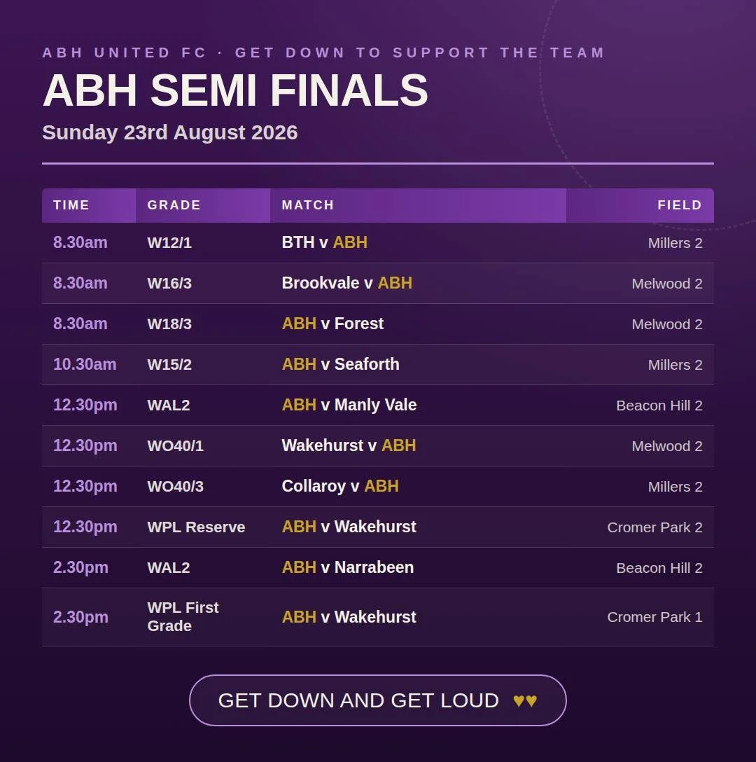 🔥💜 WOMEN&rsquo;S SEMI FINALS &ndash; SUNDAY 23 AUGUST 💜🔥

It&rsquo;s a HUGE day of women&rsquo;s football for ABH United this Sunday, with teams across the club battling it out for a place in their Grand Finals! 🏆⚽️

From our juniors through to 