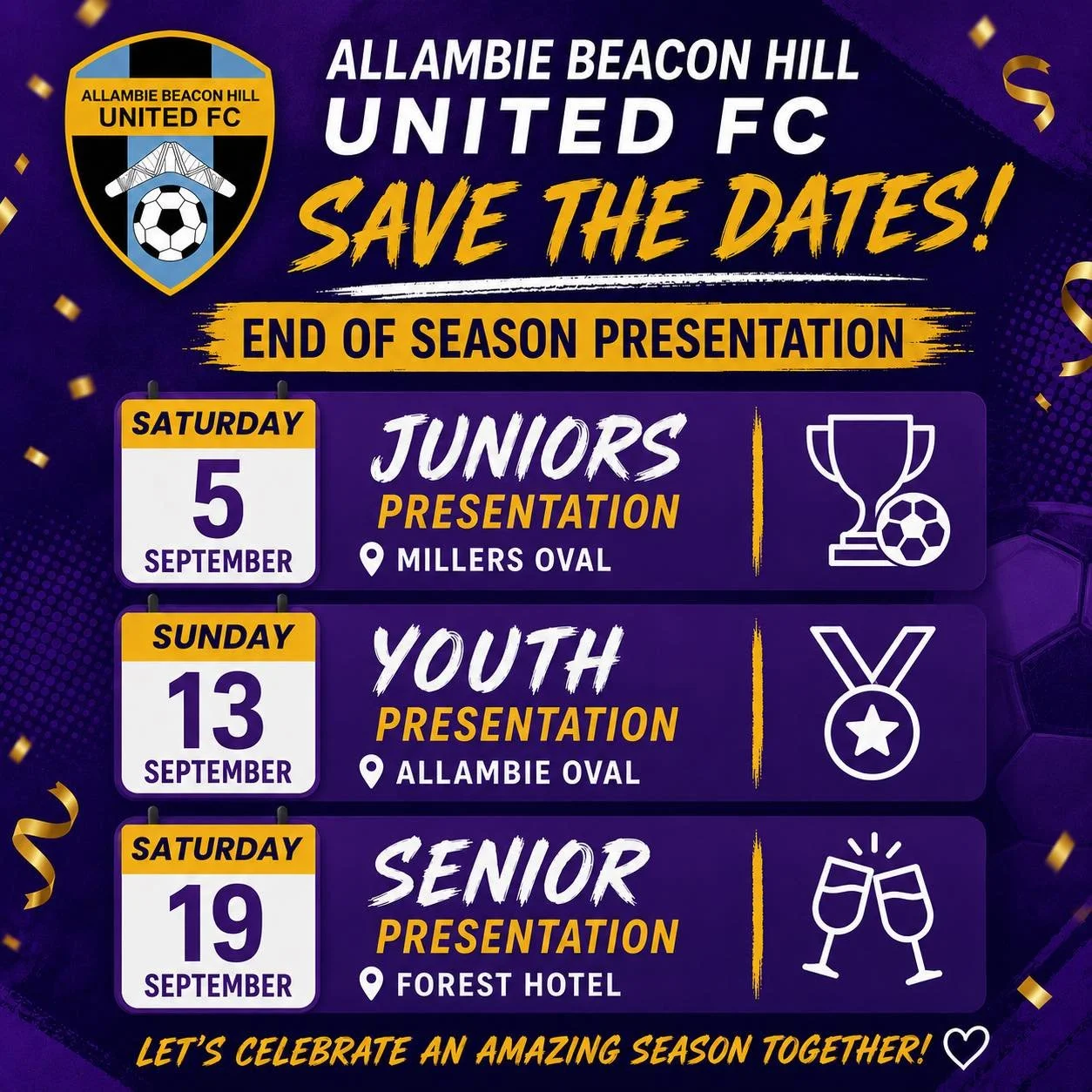 🎉 COME CELEBRATE THE END OF THE 2026 SEASON! 🎉

It&rsquo;s time to celebrate another fantastic year at ABH United! 💜⚽️

Join us for our end-of-season celebrations (more detailed schedules for juniors and youth coming soon):

🏆 JUNIOR PRESENTATION