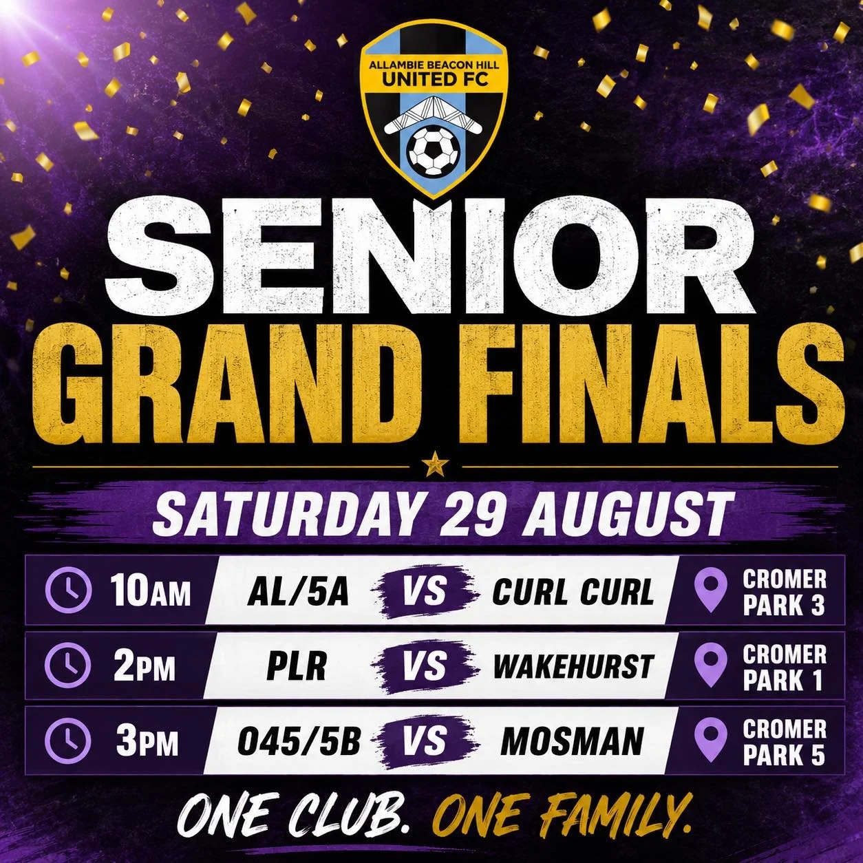 💜💛 MEN&rsquo;S GRAND FINALS 💛💜

It&rsquo;s GRAND FINAL time! 🏆⚽️

Our senior men are ready to battle it out this Saturday 29 August at Cromer Park! 🔥

⏰ 10:00am &ndash; AL/5A vs Curl Curl &mdash; Cromer Park 3
⏰ 2:00pm &ndash; PLR vs Wakehurst 