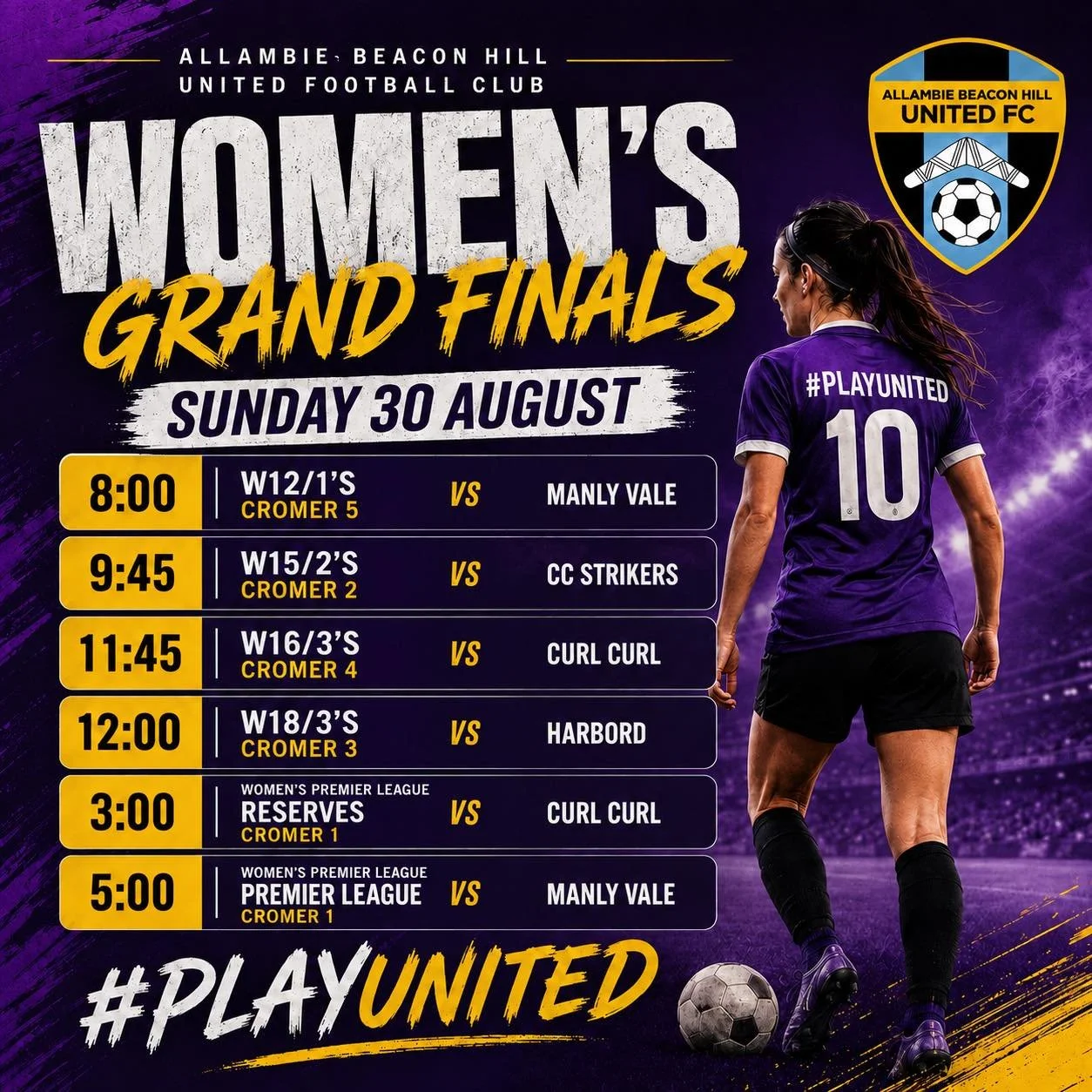 💜💛 WOMEN&rsquo;S GRAND FINALS 💛💜

It&rsquo;s GRAND FINAL time! 🏆⚽️

Our ABH United women&rsquo;s and girls&rsquo; teams are ready to battle it out this Sunday 30 August at Cromer Park! 🔥

Come down, get behind the girls and bring the noise! 📣?