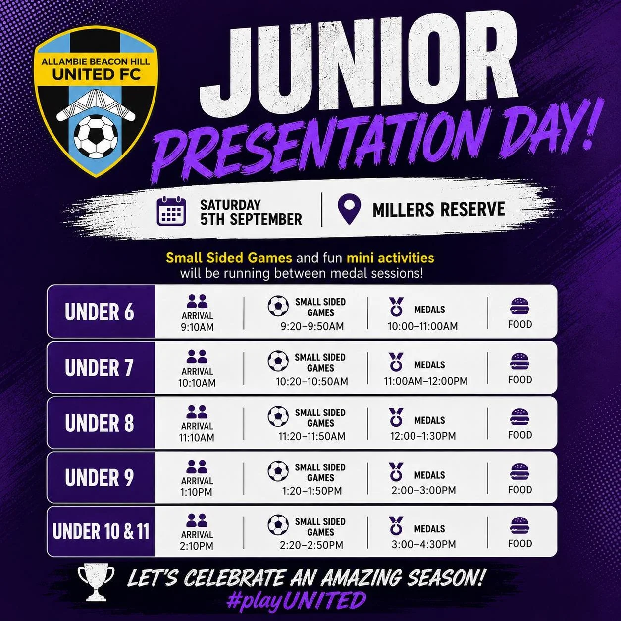 🎉 JUNIOR PRESENTATION DAY! 🎉

We&rsquo;re excited to celebrate an amazing 2026 season with our ABH United junior mixed and girls players! 💜⚽️

In collaboration with INTRA Football Academy, we&rsquo;ll have Small Sided Games running throughout the 