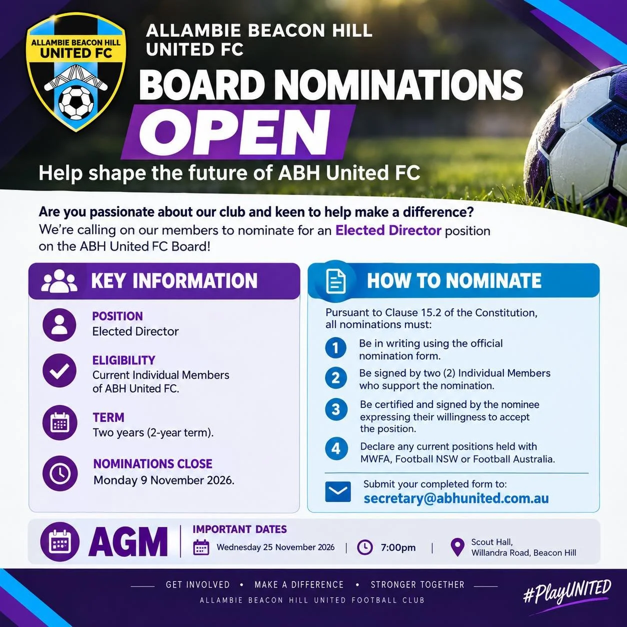 💜⚽ ABH UNITED FC &mdash; BOARD NOMINATIONS NOW OPEN! ⚽💜

Are you passionate about our club and keen to help shape the future of ABH United FC? We&rsquo;re calling on our members to nominate for an Elected Director position on the ABH United FC Boar