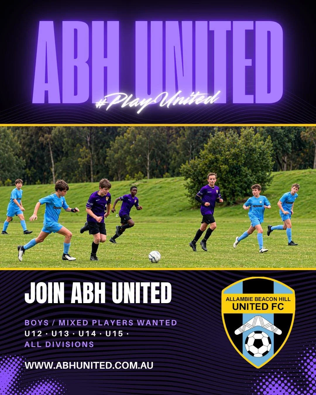 💜⚽ BOYS &amp; MIXED PLAYERS WANTED &ndash; JOIN ABH UNITED! ⚽💜

Ready to be part of something special in 2027? 🙌

Allambie Beacon Hill United FC is looking for U12, U13, U14 &amp; U15 boys and mixed players across ALL divisions!

Whether you&rsquo
